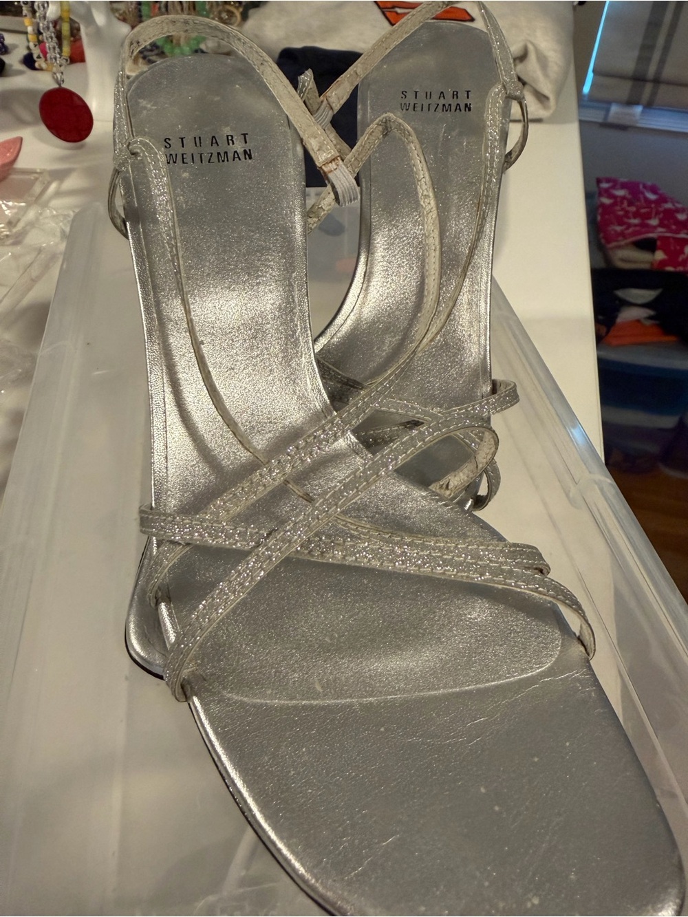 Stuart Weitzman Metallic Silver Strappy Heels